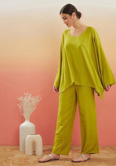 Green Vneck Long Sleeves Tunic With Trousers