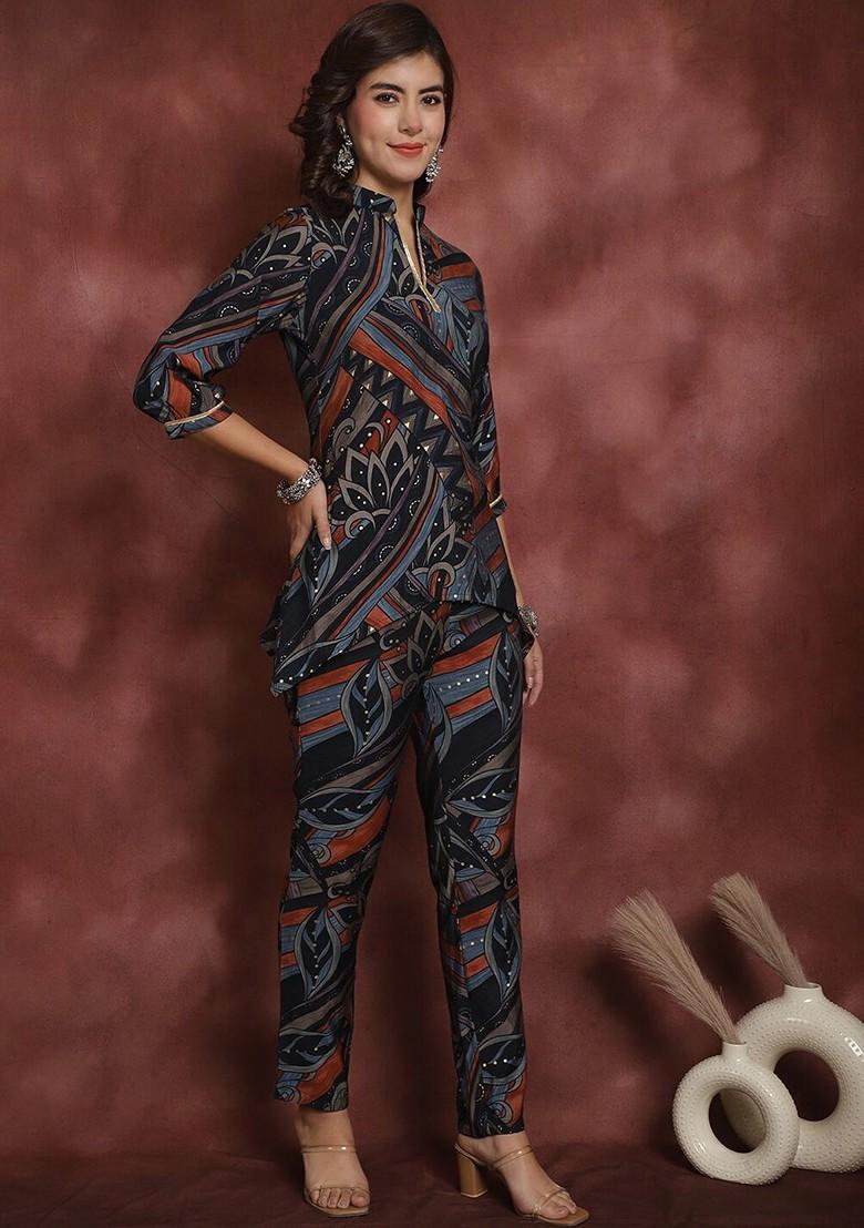 Black Black And Blue Mandarin Collar Tunic With Midrise Trousers Ethnic Coords