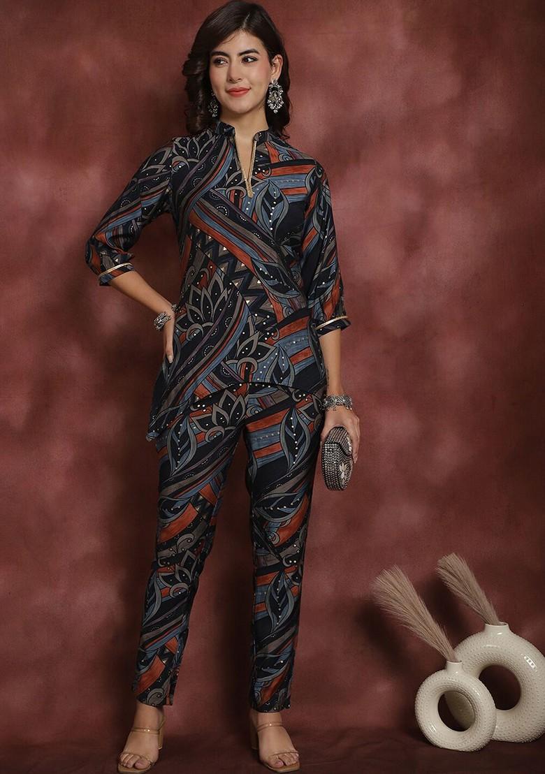 Black Black And Blue Mandarin Collar Tunic With Midrise Trousers Ethnic Coords