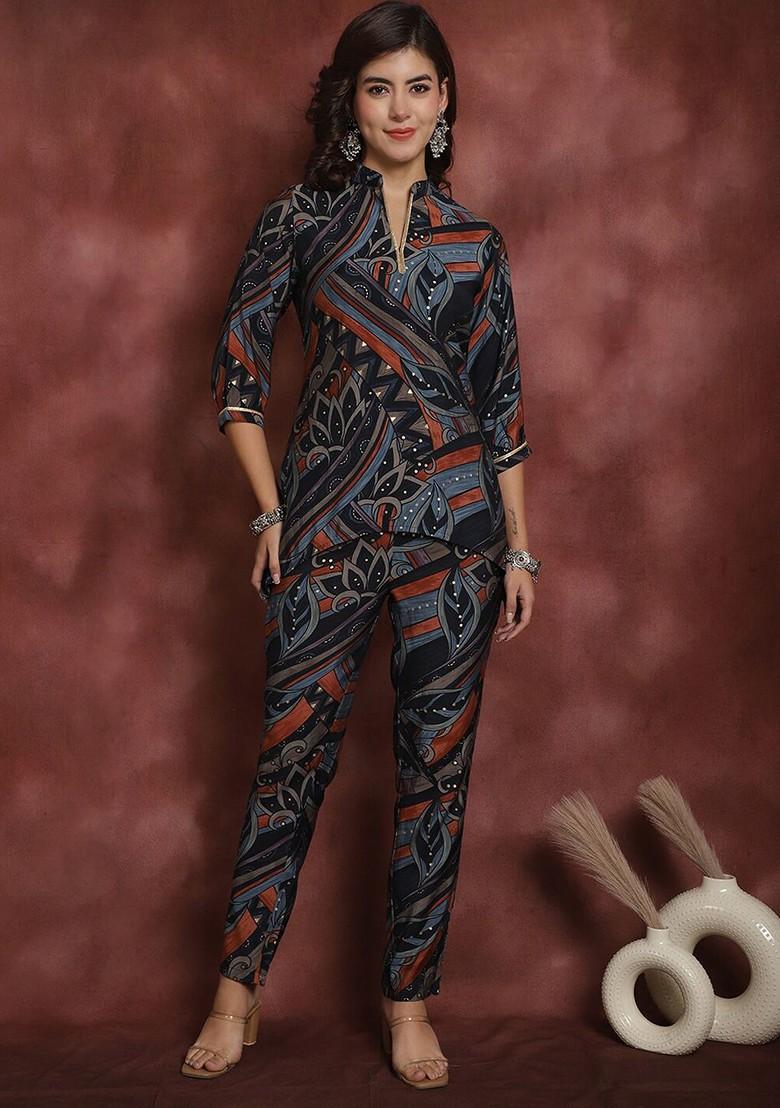 Black Black And Blue Mandarin Collar Tunic With Midrise Trousers Ethnic Coords