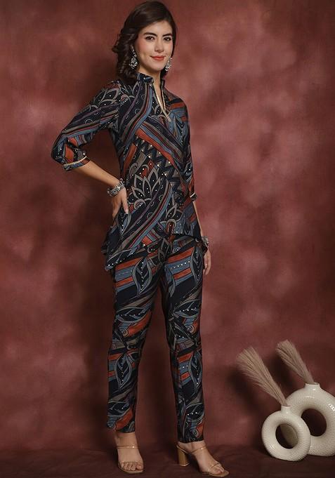 Black Black And Blue Mandarin Collar Tunic With Midrise Trousers Ethnic Coords