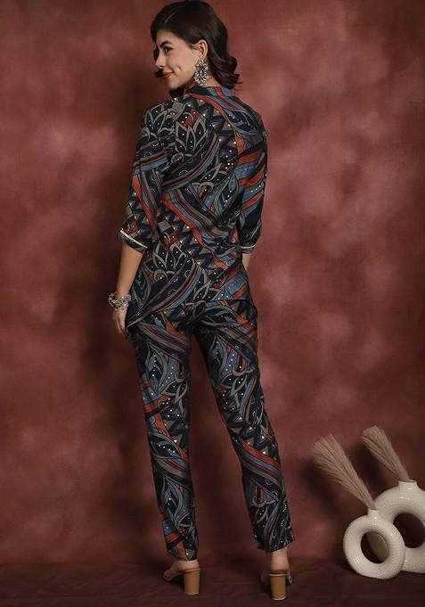 Black Black And Blue Mandarin Collar Tunic With Midrise Trousers Ethnic Coords
