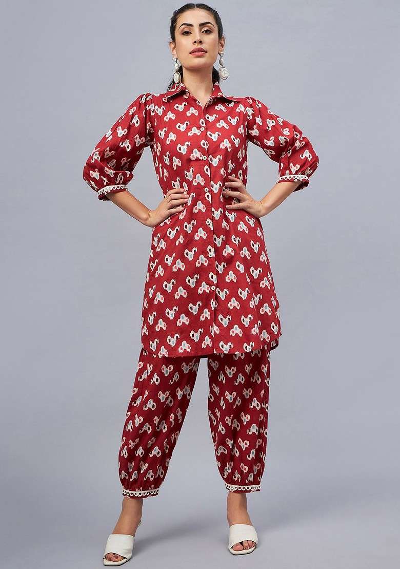 Rust Printed Shirt Collar Threequarter Sleeves Pure Cotton Top And Trouser - Indya