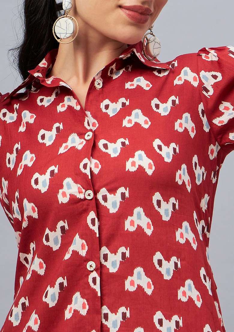 Rust Printed Shirt Collar Threequarter Sleeves Pure Cotton Top And Trouser - Indya