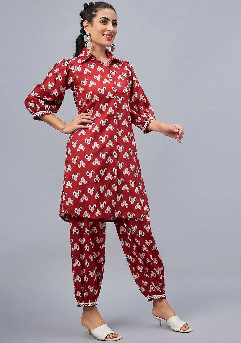 Rust Printed Shirt Collar Threequarter Sleeves Pure Cotton Top And Trouser - Indya