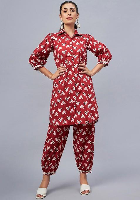 Rust Printed Shirt Collar Threequarter Sleeves Pure Cotton Top And Trouser