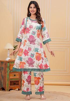 Teal Printed Round Neck Top Ith Palazzo Coords