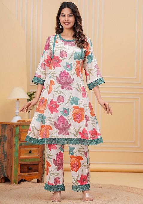 Teal Printed Round Neck Top Ith Palazzo Coords