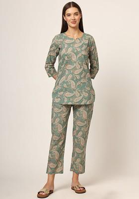Green Floral Printed Pure Cotton Tunic With Trousers Coords