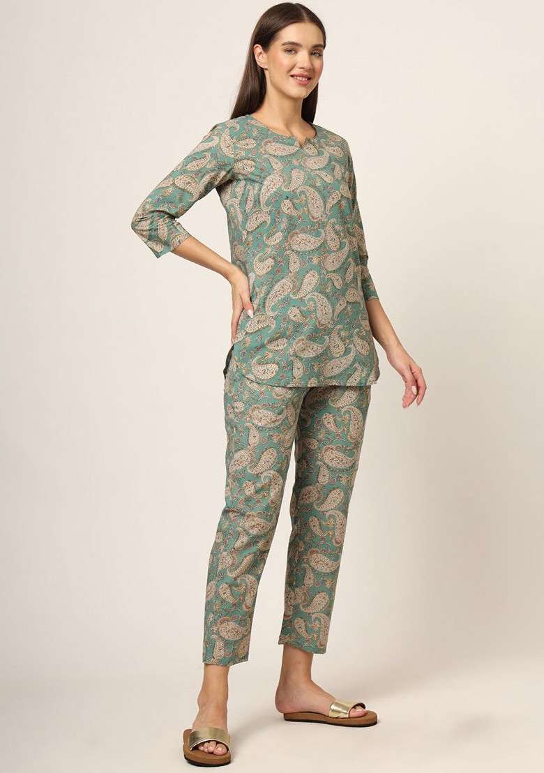 Green Floral Printed Pure Cotton Tunic With Trousers Coords - Indya