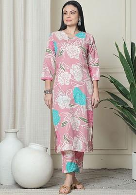 Pink Floral Printed Vneck Pure Cotton Tunic With Trouser
