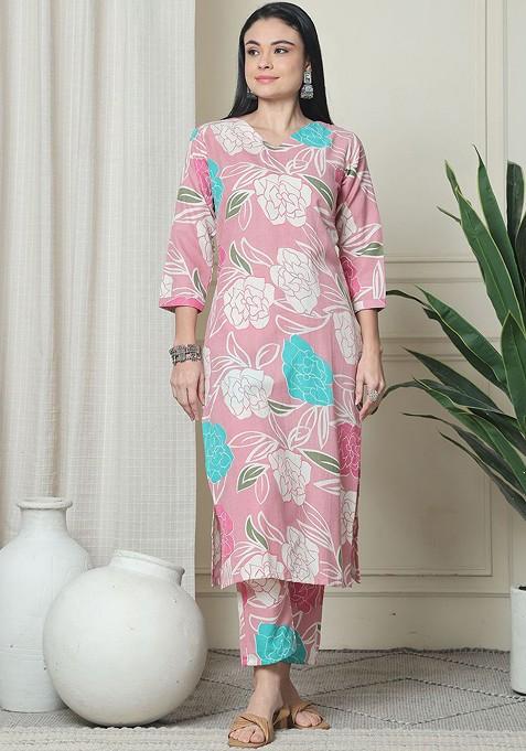 Pink Floral Printed Vneck Pure Cotton Tunic With Trouser
