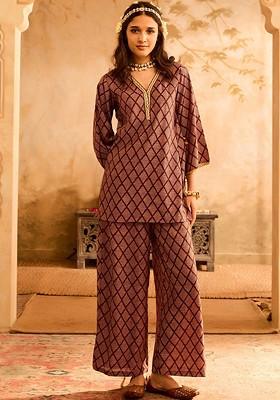 Purple Geometric Embroidered Vneck Tunic With Palazzos