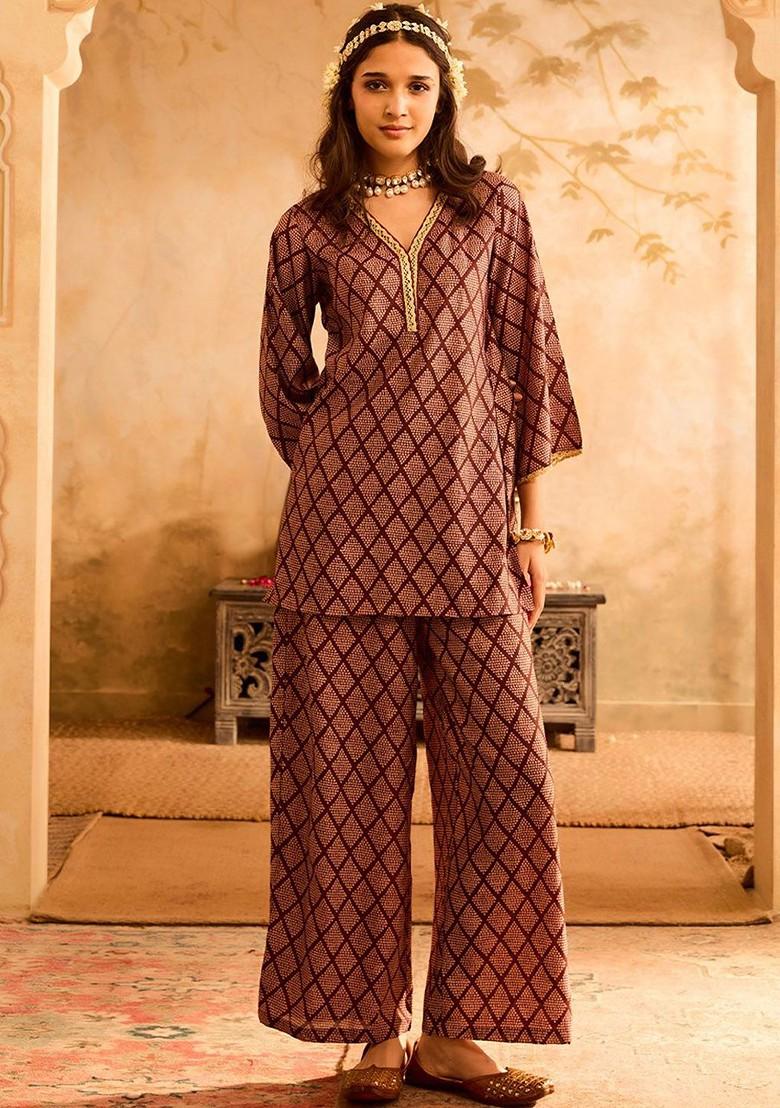 Purple Geometric Embroidered Vneck Tunic With Palazzos