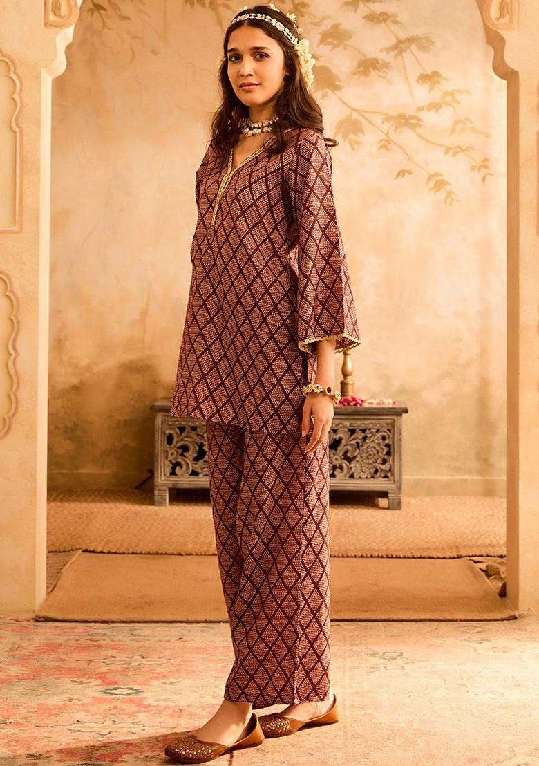 Purple Geometric Embroidered Vneck Tunic With Palazzos