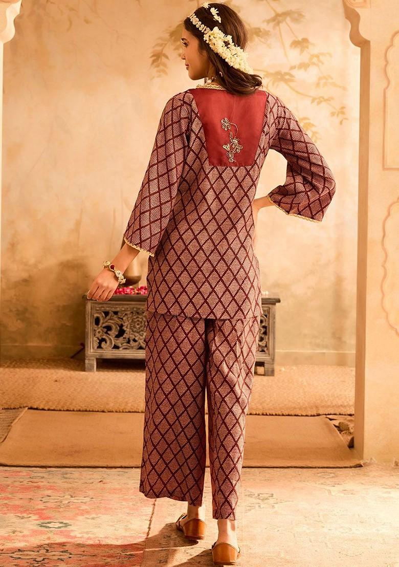 Purple Geometric Embroidered Vneck Tunic With Palazzos