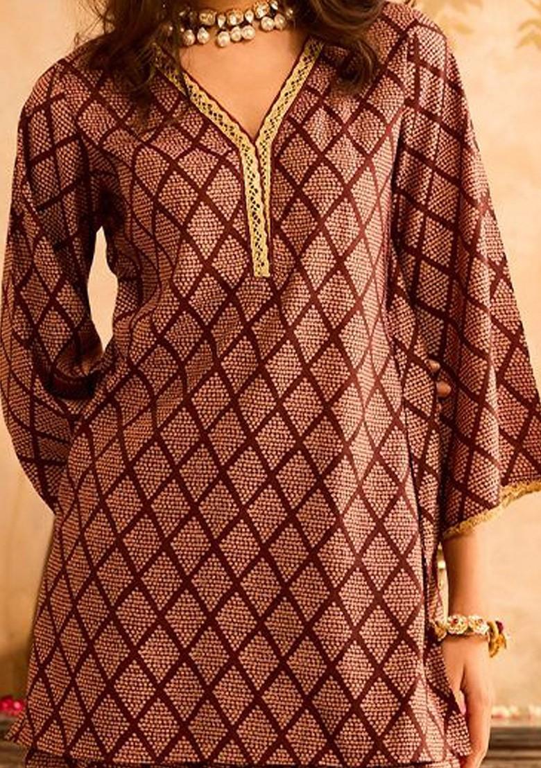 Purple Geometric Embroidered Vneck Tunic With Palazzos