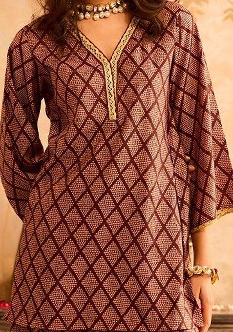 Purple Geometric Embroidered Vneck Tunic With Palazzos