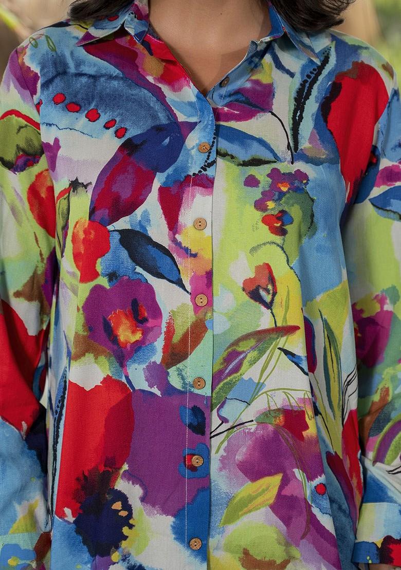 Blue Abstract Printed Long Cuffed Sleeves Shirt With Trousers