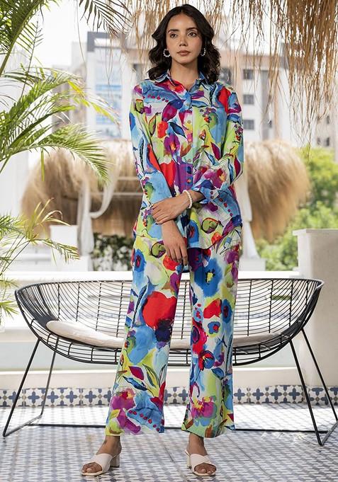 Blue Abstract Printed Long Cuffed Sleeves Shirt With Trousers