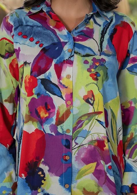 Blue Abstract Printed Long Cuffed Sleeves Shirt With Trousers