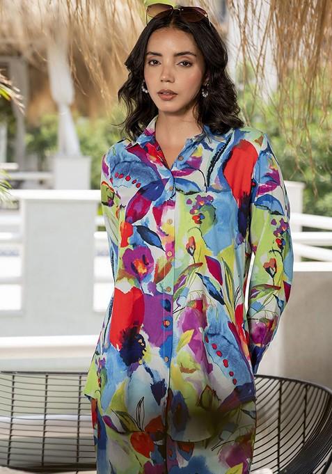 Blue Abstract Printed Long Cuffed Sleeves Shirt With Trousers