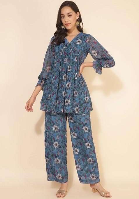 Blue Women'S Chiffon Lurex Floral Printed Top With Pant