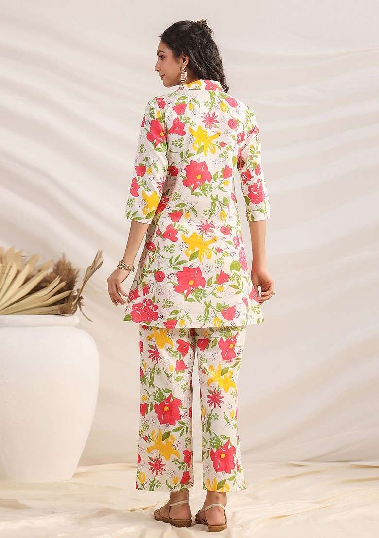 Off White Floral Printed Shirt Collar Pure Cotton Shirt And Trousers - Indya