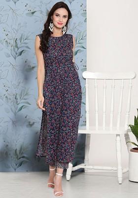 Navy Blue Printed Round Neck Top With Trousers Coords