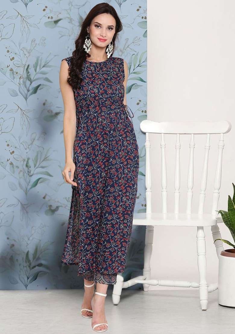 Navy Blue Printed Round Neck Top With Trousers Coords - Indya
