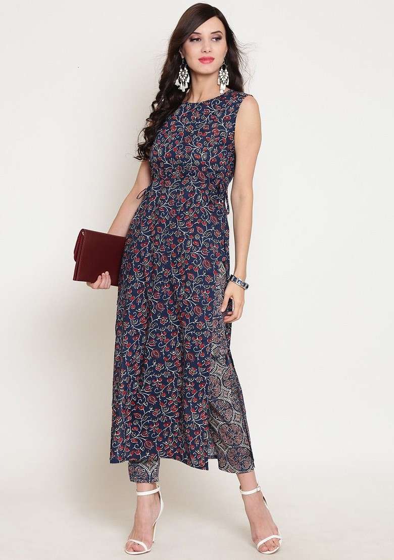 Navy Blue Printed Round Neck Top With Trousers Coords - Indya