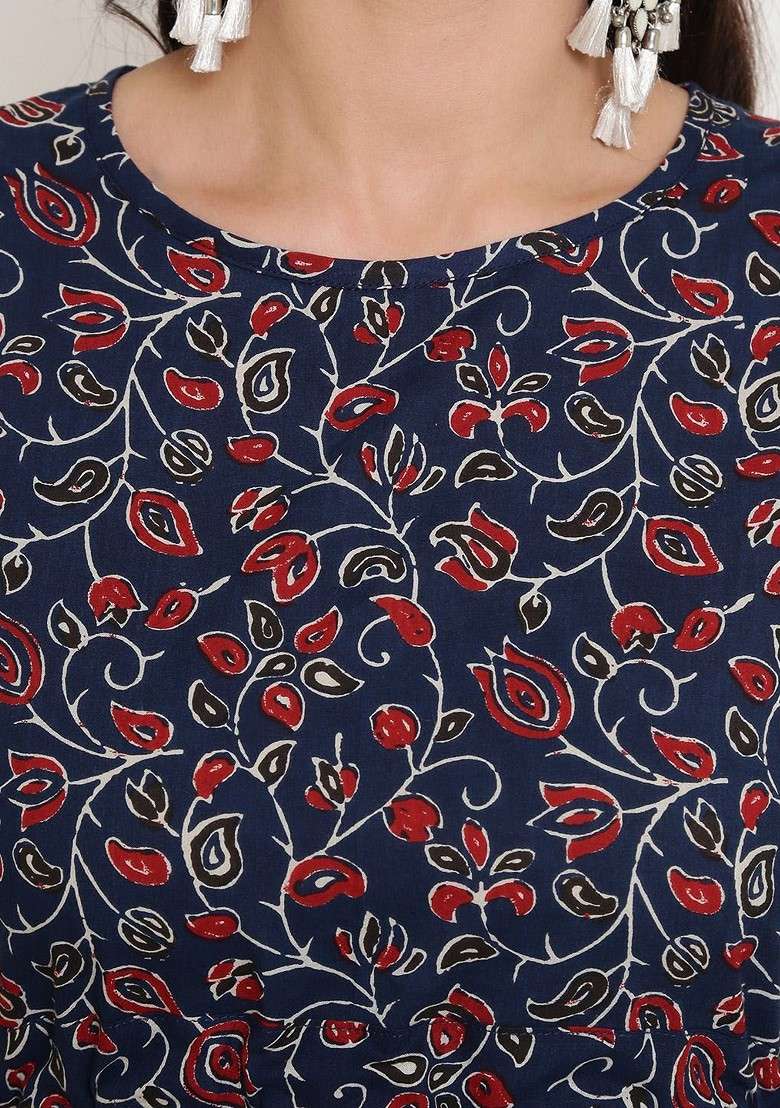 Navy Blue Printed Round Neck Top With Trousers Coords - Indya