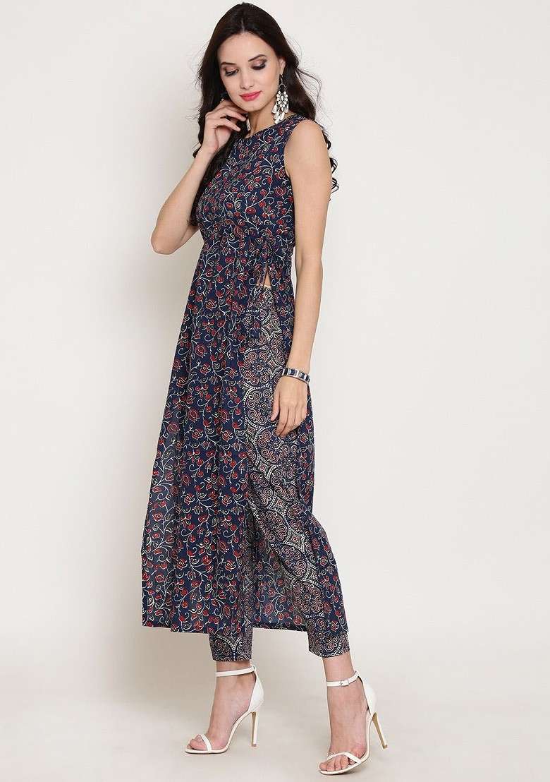 Navy Blue Printed Round Neck Top With Trousers Coords - Indya