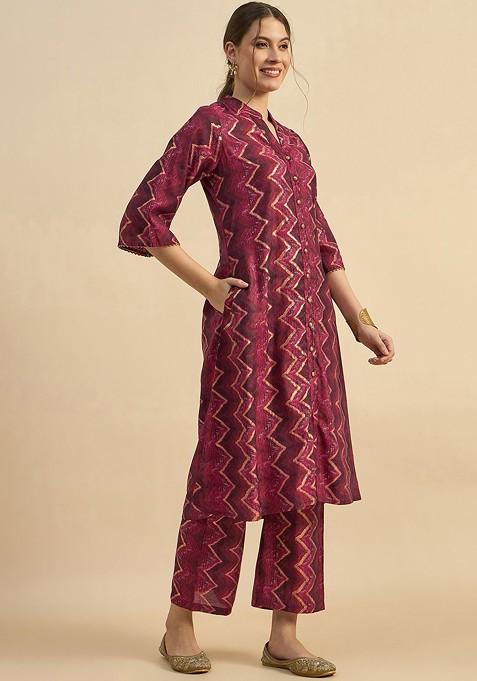 Maroon Abstract Printed Tunic And Trouser Coords