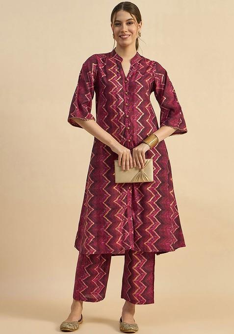 Maroon Abstract Printed Tunic And Trouser Coords