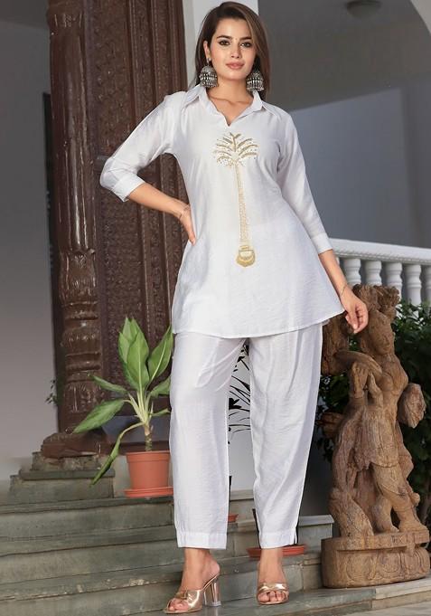 White Self Design Tunic And Trousers
