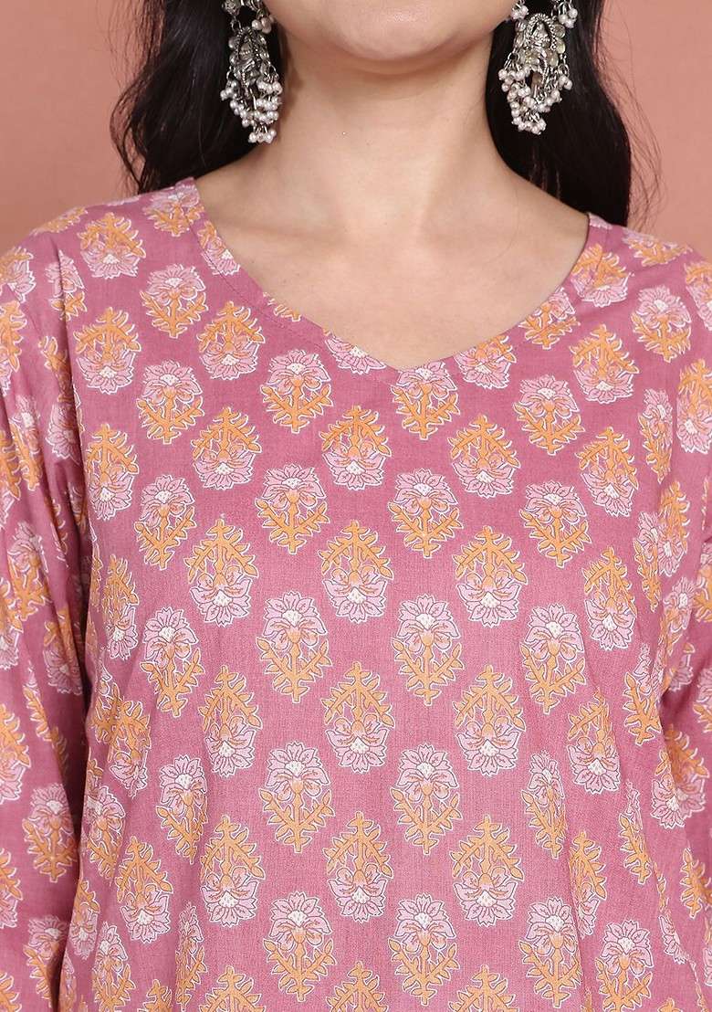 Maroon Floral Printed Cotton Tunic With Trouser Coords - Indya