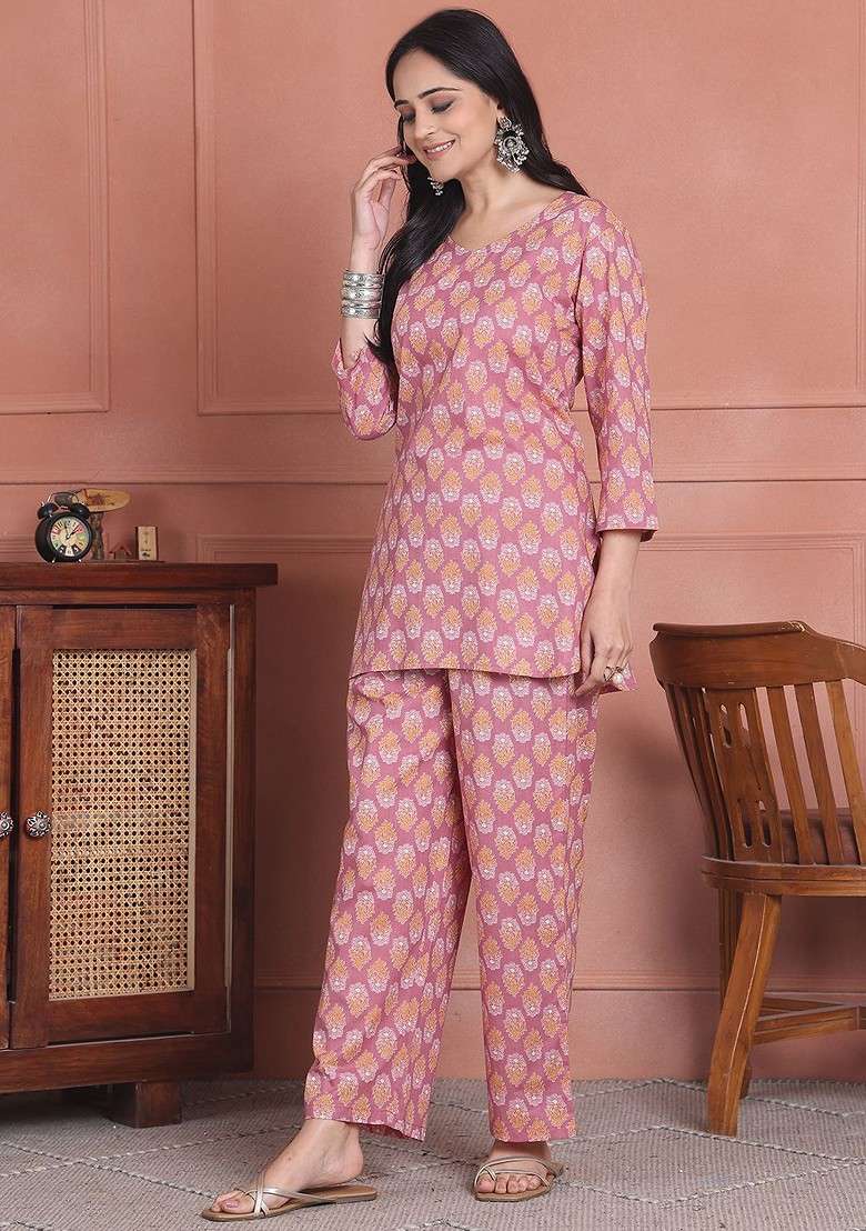 Maroon Floral Printed Cotton Tunic With Trouser Coords - Indya