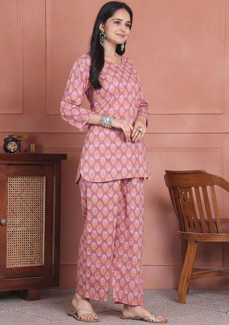 Maroon Floral Printed Cotton Tunic With Trouser Coords - Indya
