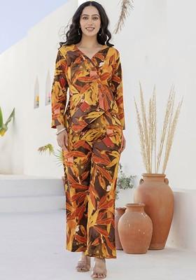 Brown Printed Pure Cotton Top With Trouser Coords
