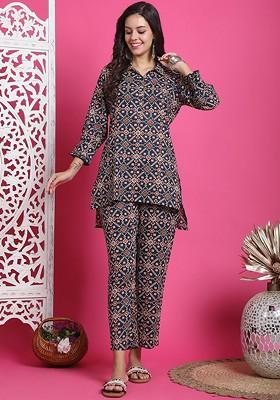 Navy Blue Printed Mandarin Collar Pure Cotton Top And Trousers