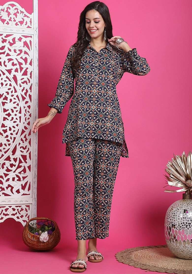 Navy Blue Printed Mandarin Collar Pure Cotton Top And Trousers - Indya