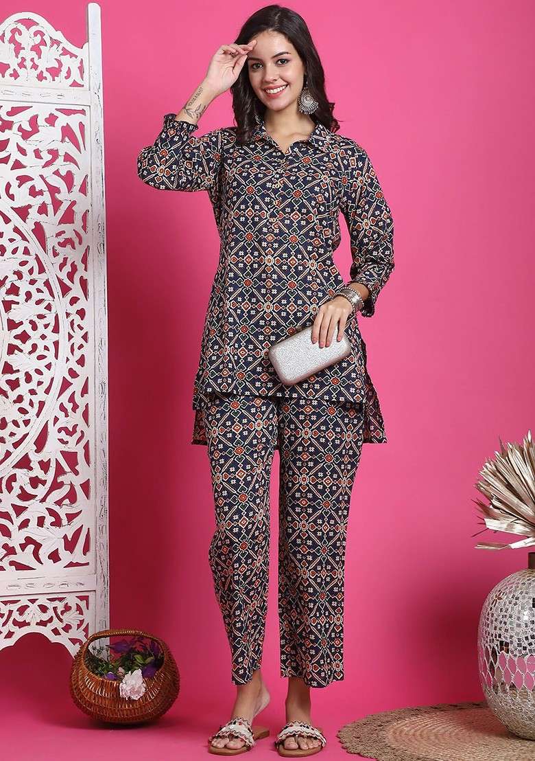 Navy Blue Printed Mandarin Collar Pure Cotton Top And Trousers - Indya