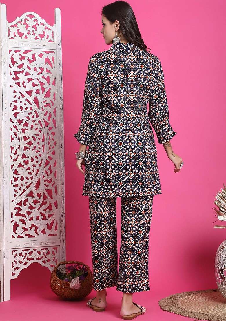 Navy Blue Printed Mandarin Collar Pure Cotton Top And Trousers - Indya