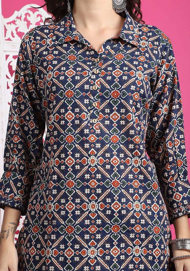 Navy Blue Printed Mandarin Collar Pure Cotton Top And Trousers - Indya