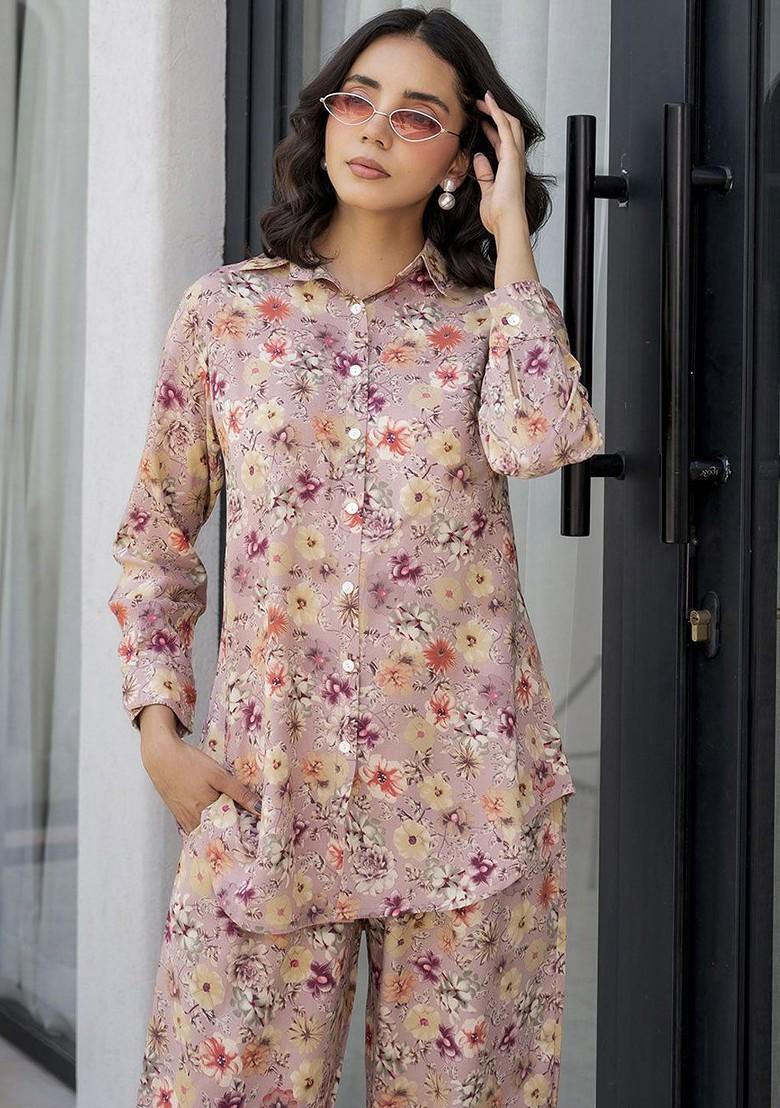 Beige Printed Long Sleeve Shirt And Trouser Coords