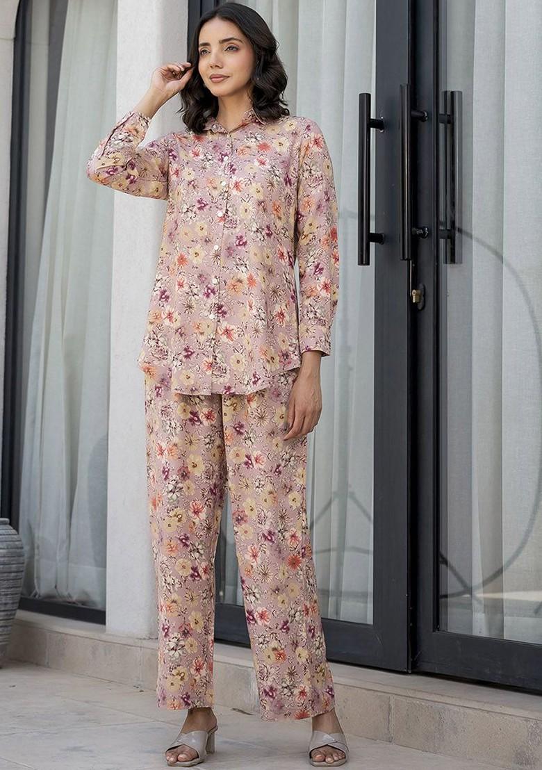 Beige Printed Long Sleeve Shirt And Trouser Coords