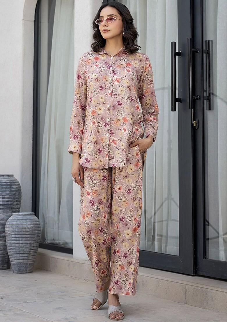 Beige Printed Long Sleeve Shirt And Trouser Coords