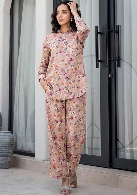 Beige Printed Long Sleeve Shirt And Trouser Coords