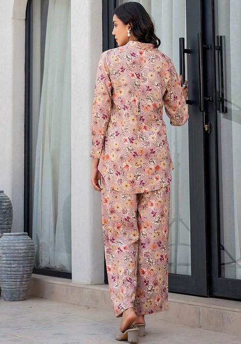 Beige Printed Long Sleeve Shirt And Trouser Coords